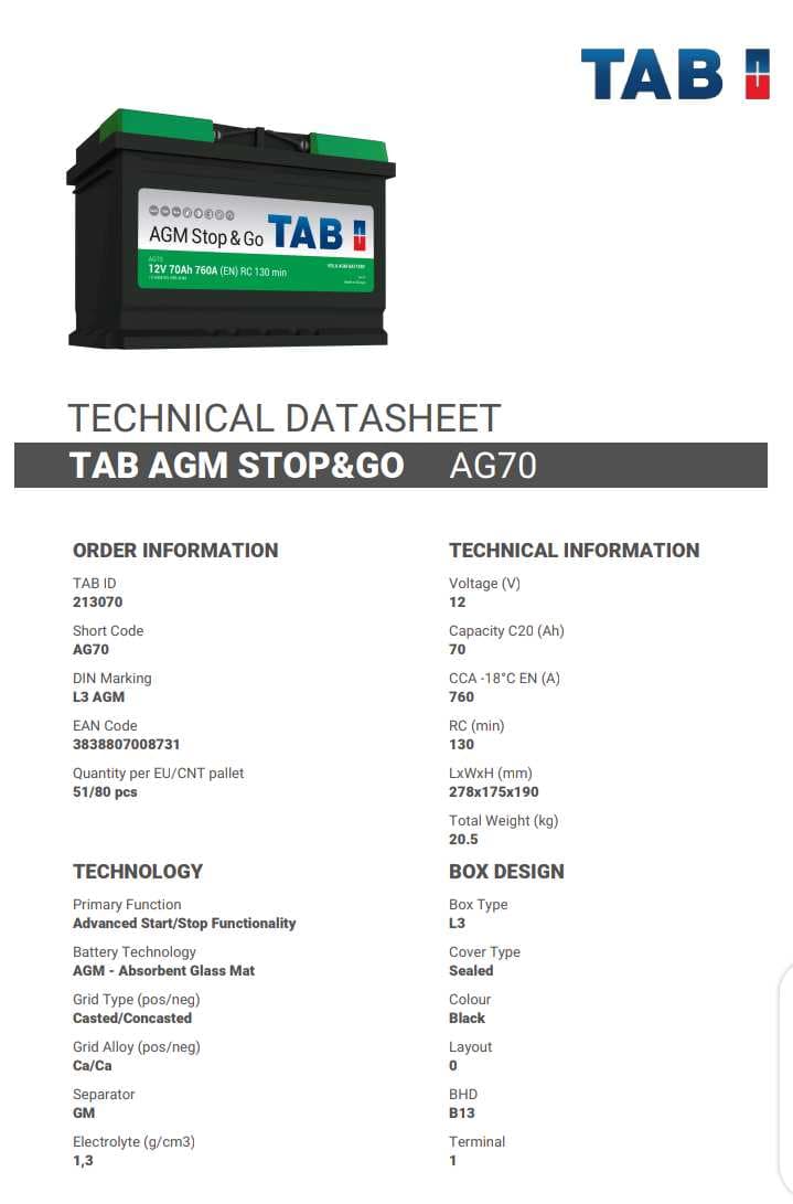 بطارية محرك  TAB AGM STOP&GO 12V-70Ah 760A + كفالة سنة كاملة thumbnail 4